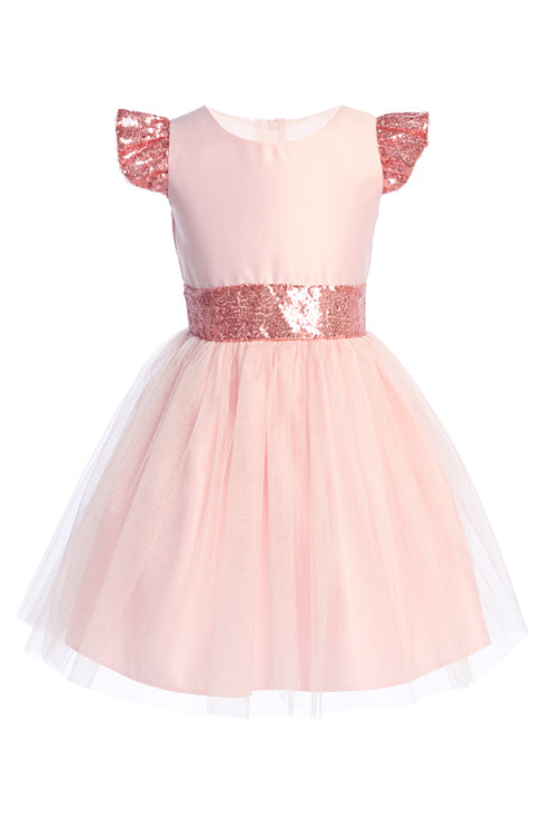 Satin & Crystal Tulle Girls Dress with Sequin Flutter Sleeves and Waistband 2-16